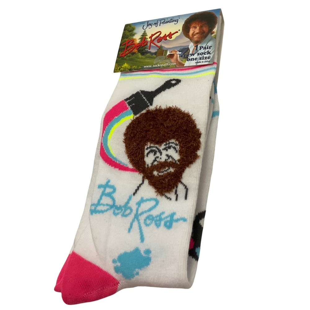 Bob Ross The Joy of Painting Crew Socks White 3D Fuzzy Hair One Size New NWT